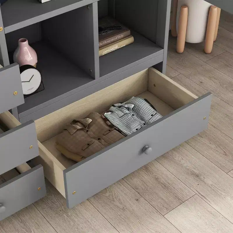 Bellemave Full Loft Bed with Desk, Storage Shelves and Drawers,Wood Loft Bed Frame with Guardrails and Built-in Ladder for Teens and Adults