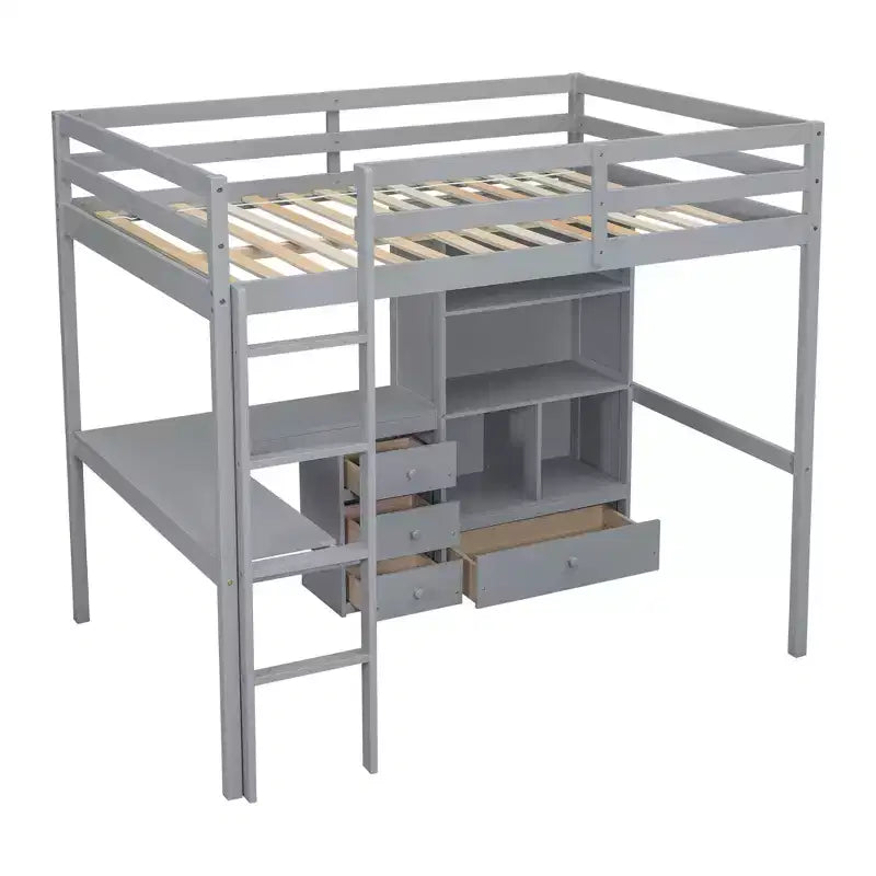 Bellemave Full Loft Bed with Desk, Storage Shelves and Drawers,Wood Loft Bed Frame with Guardrails and Built-in Ladder for Teens and Adults