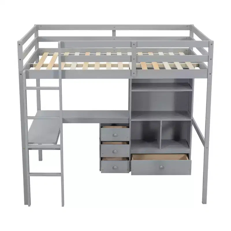 Bellemave Full Loft Bed with Desk, Storage Shelves and Drawers,Wood Loft Bed Frame with Guardrails and Built-in Ladder for Teens and Adults