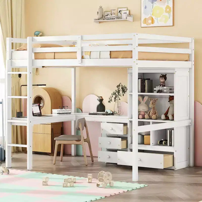 Bellemave Full Loft Bed with Desk, Storage Shelves and Drawers,Wood Loft Bed Frame with Guardrails and Built-in Ladder for Teens and Adults