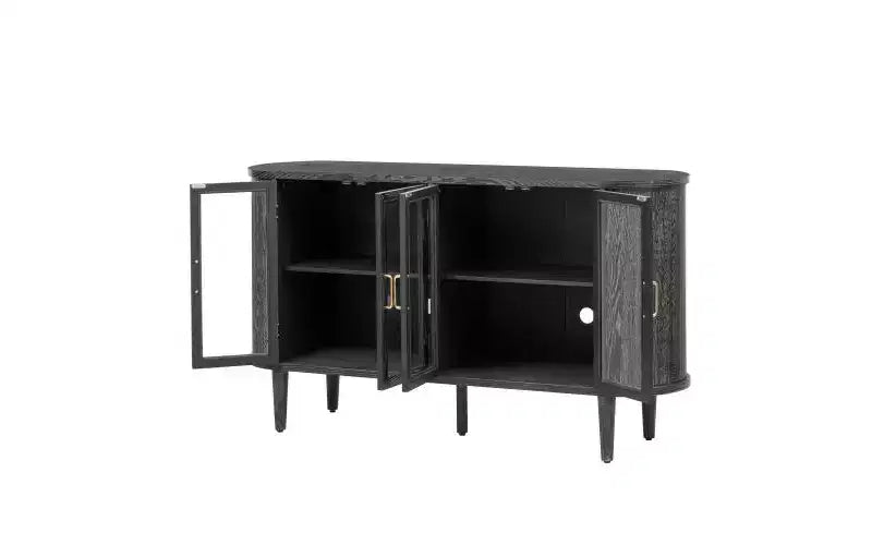 JVNOXK 60-inch Farmhouse-Style Storage Sideboard with Glass Doors and Adjustable Shelves, Wooden Buffet Cabinet for Kitchen, Black