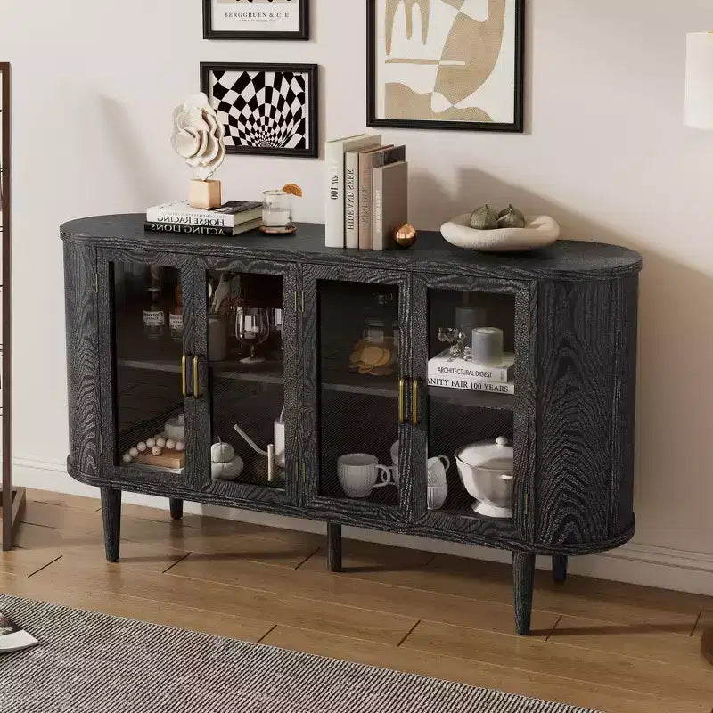 JVNOXK 60-inch Farmhouse-Style Storage Sideboard with Glass Doors and Adjustable Shelves, Wooden Buffet Cabinet for Kitchen, Black