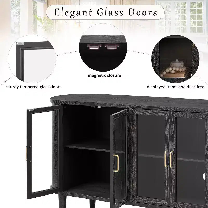 JVNOXK 60-inch Farmhouse-Style Storage Sideboard with Glass Doors and Adjustable Shelves, Wooden Buffet Cabinet for Kitchen, Black