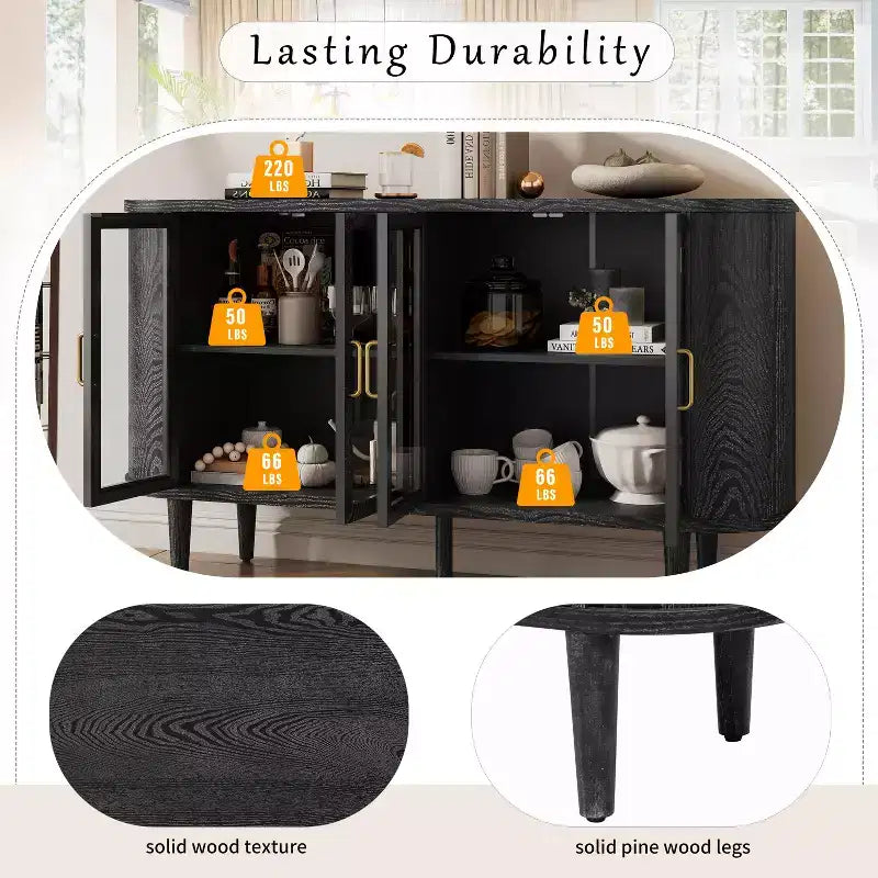 JVNOXK 60-inch Farmhouse-Style Storage Sideboard with Glass Doors and Adjustable Shelves, Wooden Buffet Cabinet for Kitchen, Black