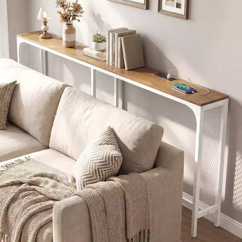 Costway 71'' Console Table w/Power Outlet Metal Frame for Hallway Foyer Living Room Natural & White