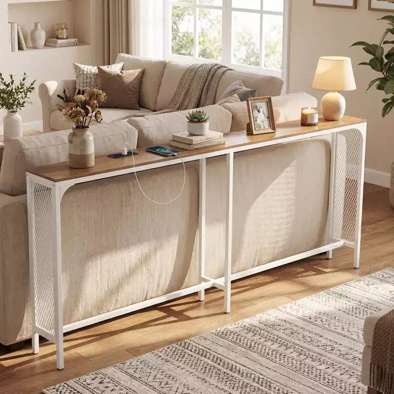 Costway 71'' Console Table w/Power Outlet Metal Frame for Hallway Foyer Living Room Natural & White