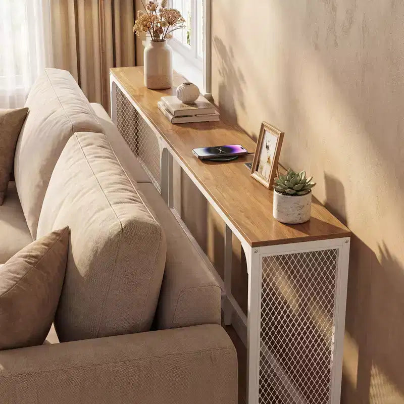Costway 71'' Console Table w/Power Outlet Metal Frame for Hallway Foyer Living Room Natural & White