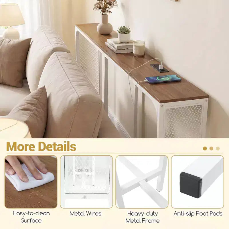 Costway 71'' Console Table w/Power Outlet Metal Frame for Hallway Foyer Living Room Natural & White