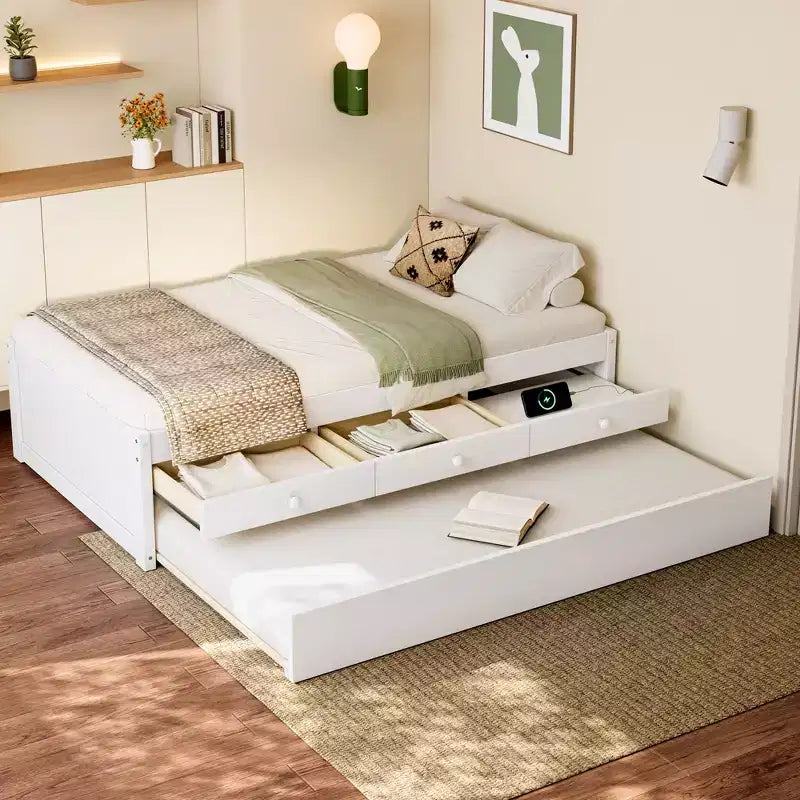 Bellemave Platform Bed with Trundle and 2 Drawers,Solid Wood Platform Beds Frame with Power Strip for Bedrooms