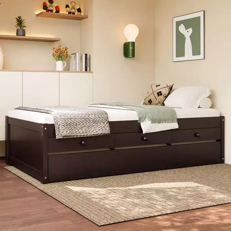 Bellemave Platform Bed with Trundle and 2 Drawers,Solid Wood Platform Beds Frame with Power Strip for Bedrooms