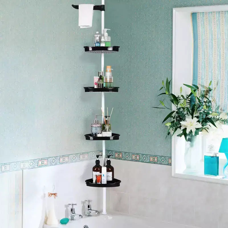 Black & White 4-Tier Adjustable Shower Organizer (101-122 Inch) C No-Drill Tension Pole Rack for Bathroom Storage