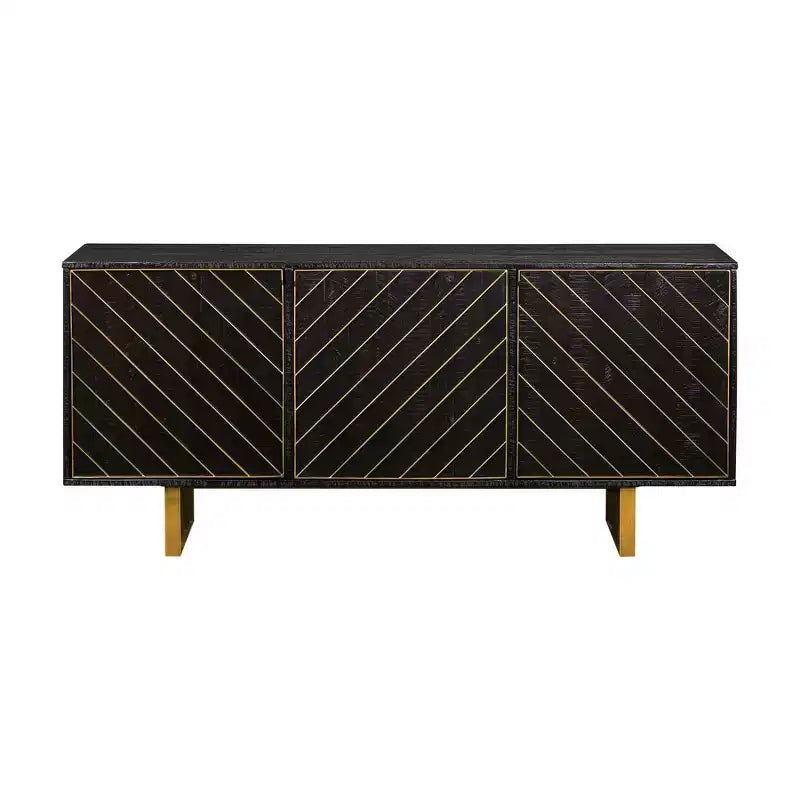 Armen Living Monaco Rectangular Sideboard Black Wood/Antiqued Brass: Mid-Century Buffet Server, 6 Shelves, 3 Doors