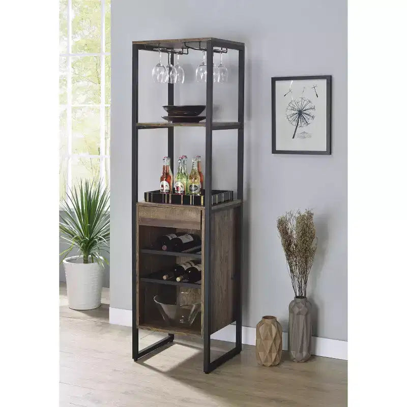 Narik Wine Rack Weathered Oak - Acme Furniture: Freestanding, 8-Bottle Capacity, Metal Frame