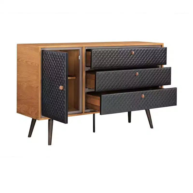 Coco Dresser Rustic Oak/Brown - Armen Living: Modern Storage, Faux Leather Detail, Soft Close
