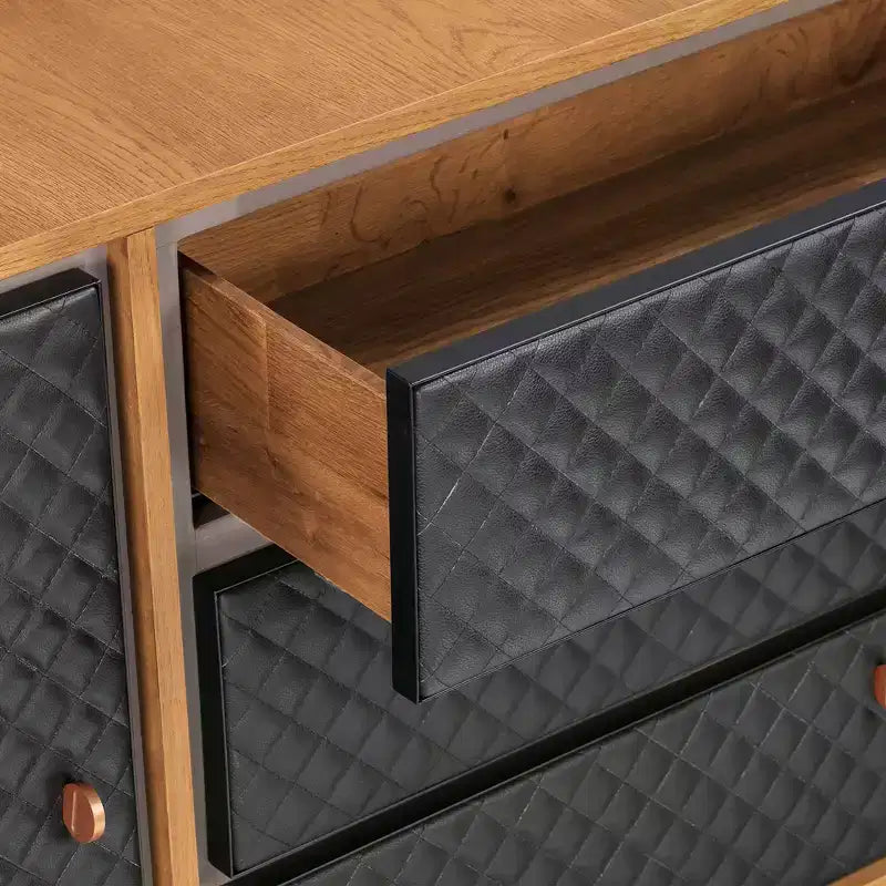 Coco Dresser Rustic Oak/Brown - Armen Living: Modern Storage, Faux Leather Detail, Soft Close