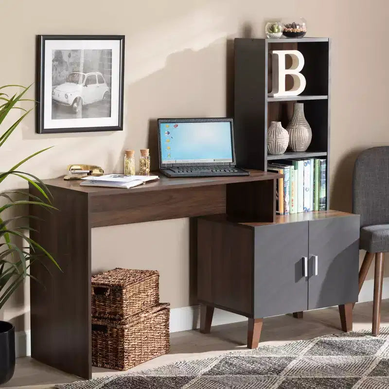 Baxton Studio Jaeger Two-Tone Wood Desk Brown/Dark Gray: Home Office Furniture with Open Storage Shelf