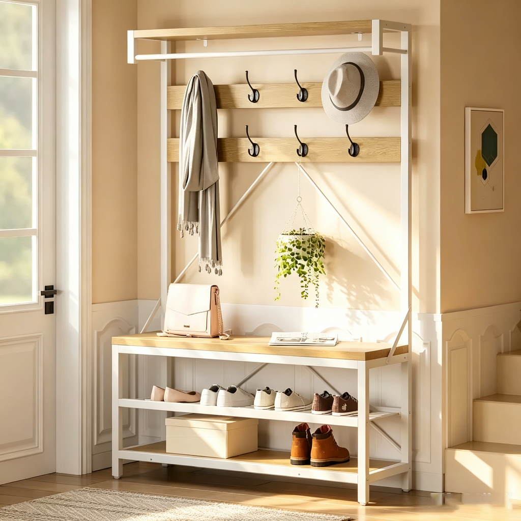 72 porte-manteaux banc à chaussures, banc de rangement industriel pour entrée, grand porte-chaussures aspect bois avec étagère de rangement, barre de suspension et 8 crochets