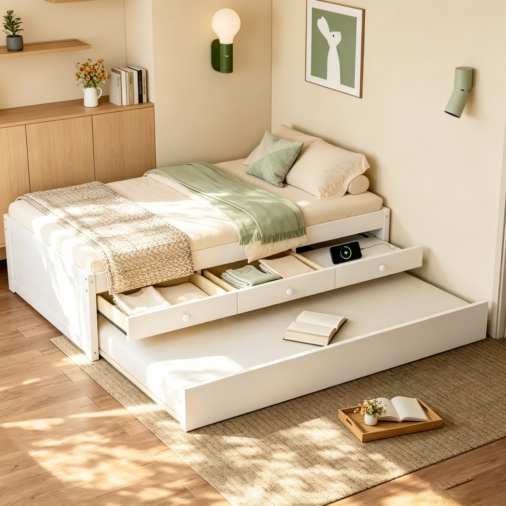 Lit Plateforme avec Lit Gigogne et 2 Tiroirs, Cadre de Lit Plateforme en Bois Massif avec Multiprise pour Chambres à Coucher