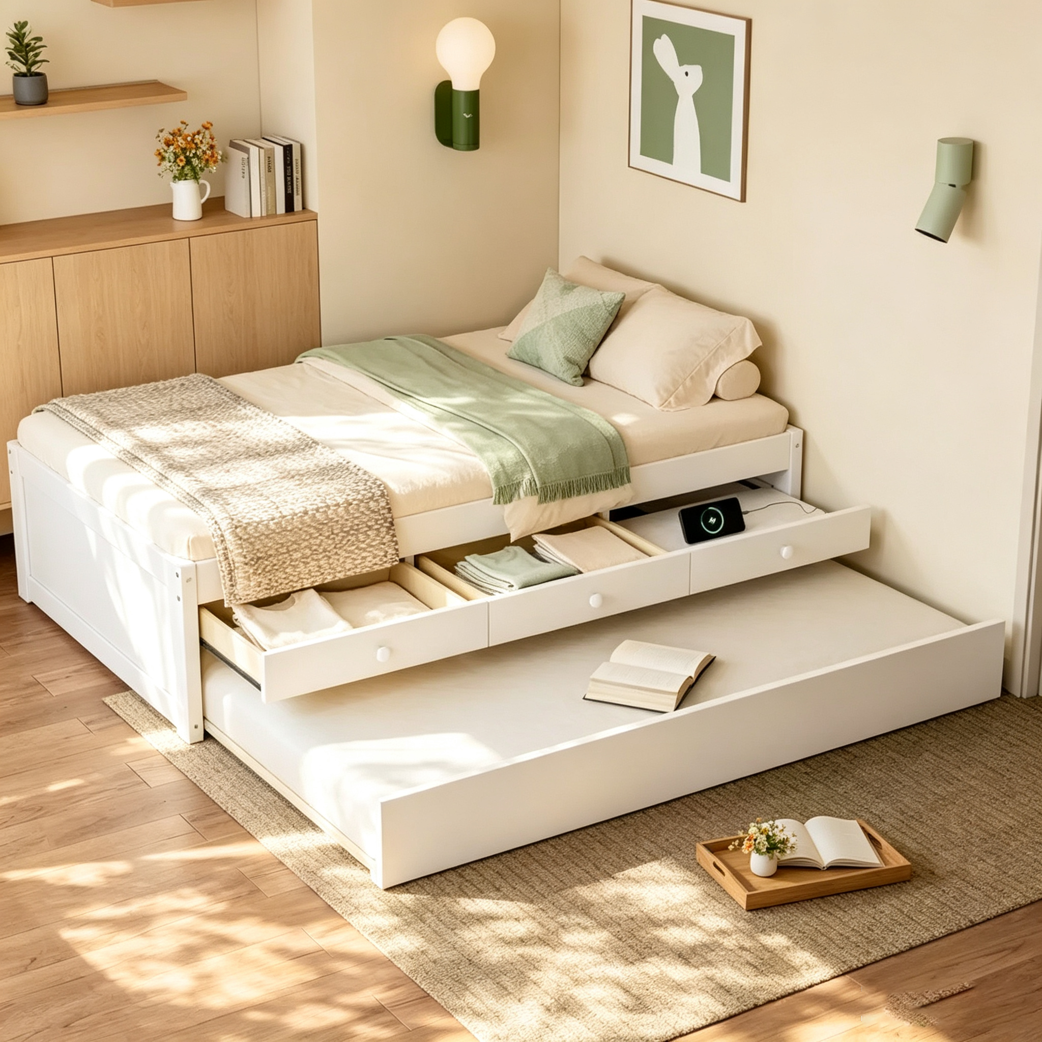 Lit Plateforme avec Lit Gigogne et 2 Tiroirs, Cadre de Lit Plateforme en Bois Massif avec Multiprise pour Chambres à Coucher