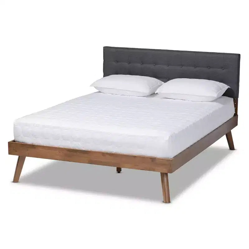 Devan Fabric Upholstered Walnut Finished Platform Bed - Baxton Studio