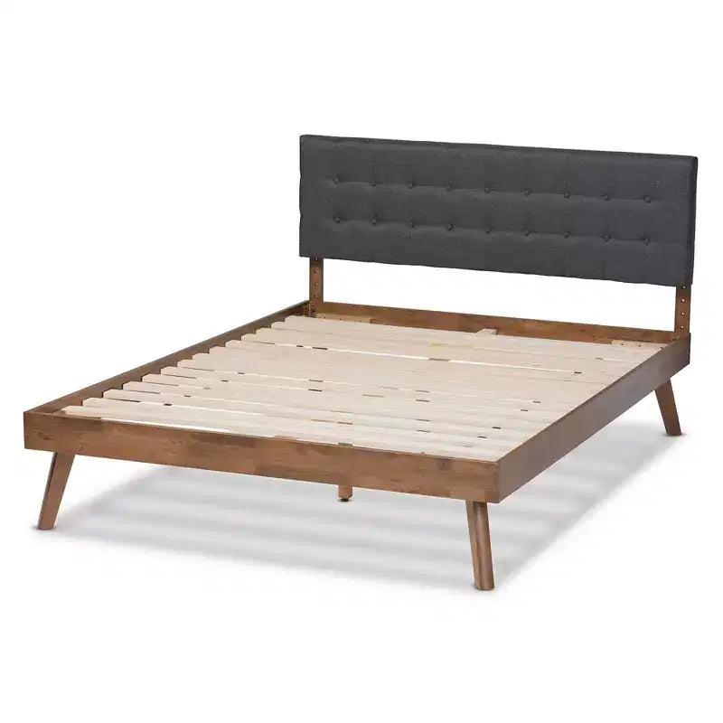 Devan Fabric Upholstered Walnut Finished Platform Bed - Baxton Studio
