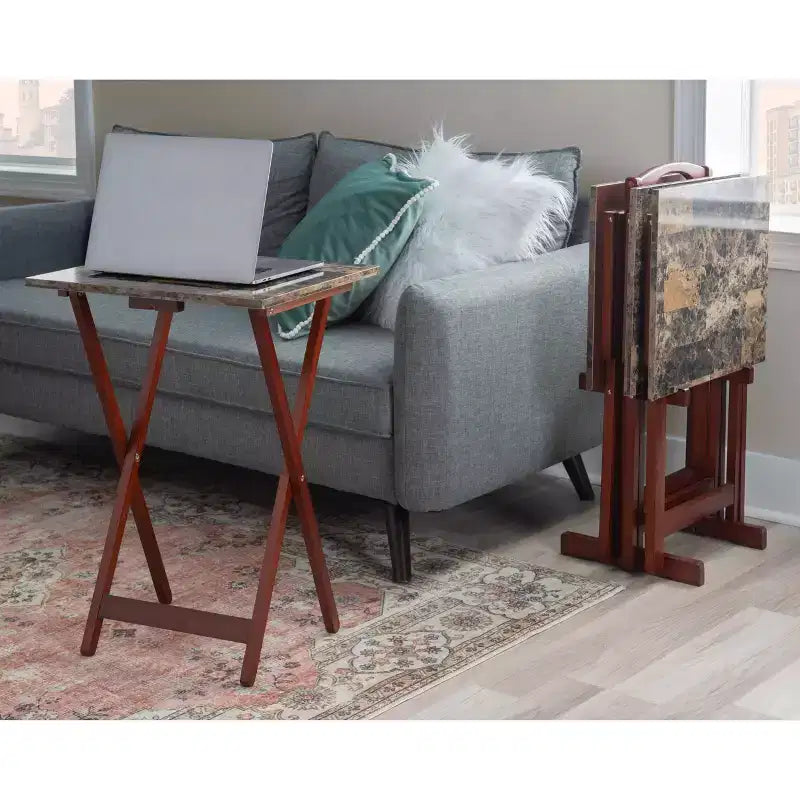 Linon Faux Marble Tray Table Set