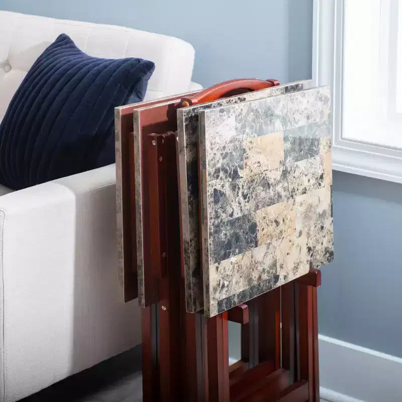 Linon Faux Marble Tray Table Set