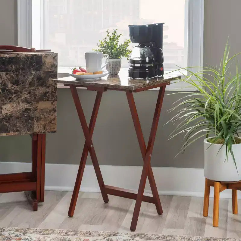 Linon Faux Marble Tray Table Set