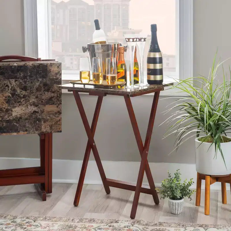 Linon Faux Marble Tray Table Set