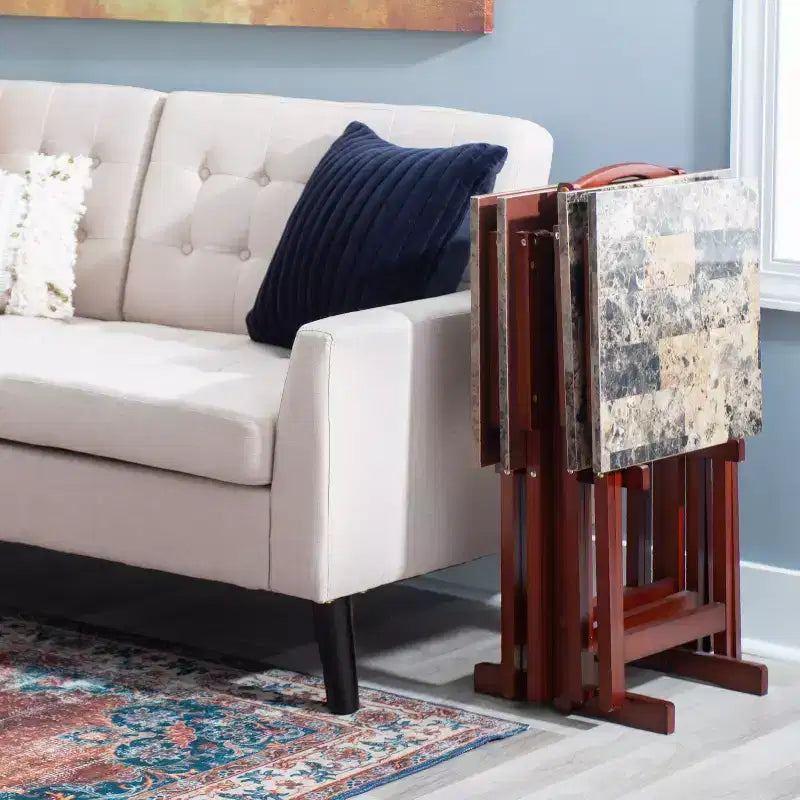 Linon Faux Marble Tray Table Set