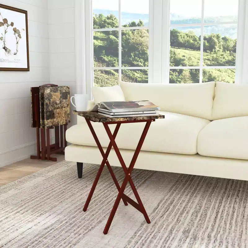 Linon Faux Marble Tray Table Set