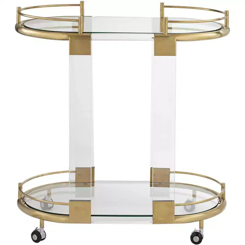 55 Downing Street Adaline 29 1/2 Wide Clear Acrylic and Gold Oval Bar Cart