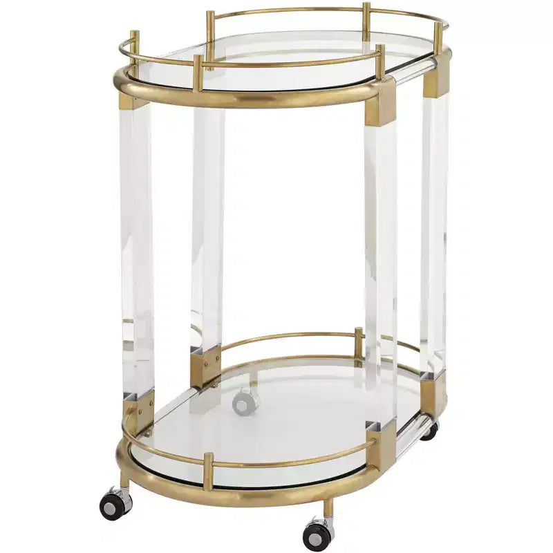 55 Downing Street Adaline 29 1/2 Wide Clear Acrylic and Gold Oval Bar Cart