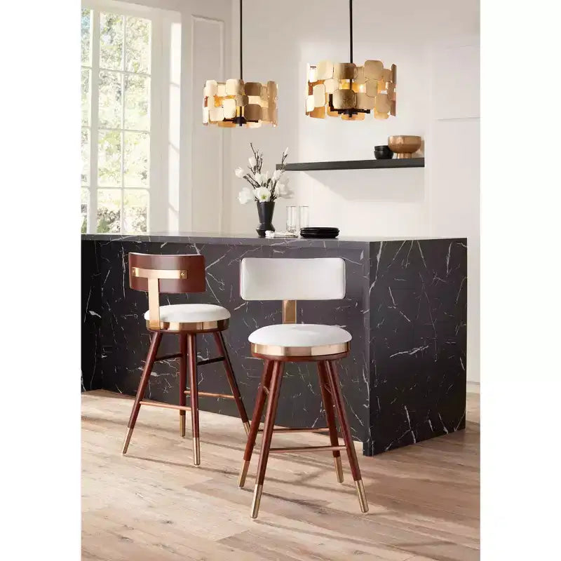 Studio 55D Parker Walnut Metal Bar Stool Brown Gold 25 1/2 High Modern White Leather Cushion with Backrest Footrest for Kitchen Counter Height Island