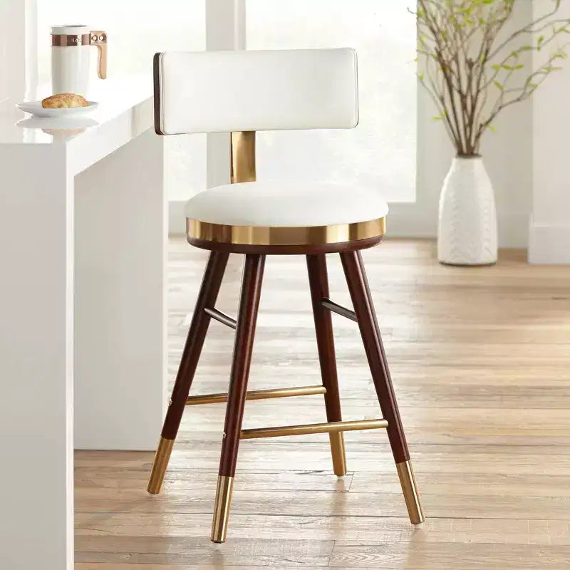 Studio 55D Parker Walnut Metal Bar Stool Brown Gold 25 1/2 High Modern White Leather Cushion with Backrest Footrest for Kitchen Counter Height Island