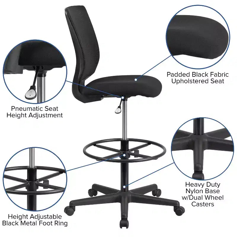 Flash Furniture Ergonomic Mid-Back Mesh Drafting Chair with Black Fabric Seat and Adjustable Foot Ring