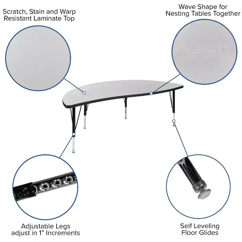 Emma and Oliver 60 Half Circle Wave Collaborative Grey Kids Adjustable Height Activity Table