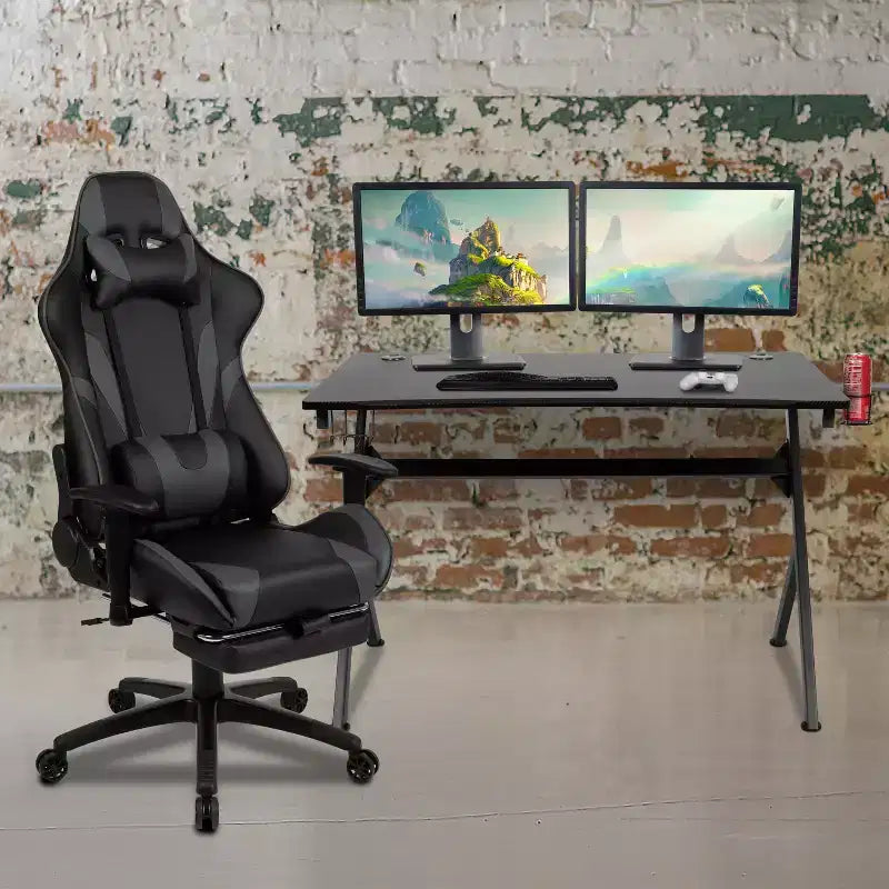 Emma and Oliver Gaming Desk Set - Cup/Headset Holder/Reclining & Footrest
