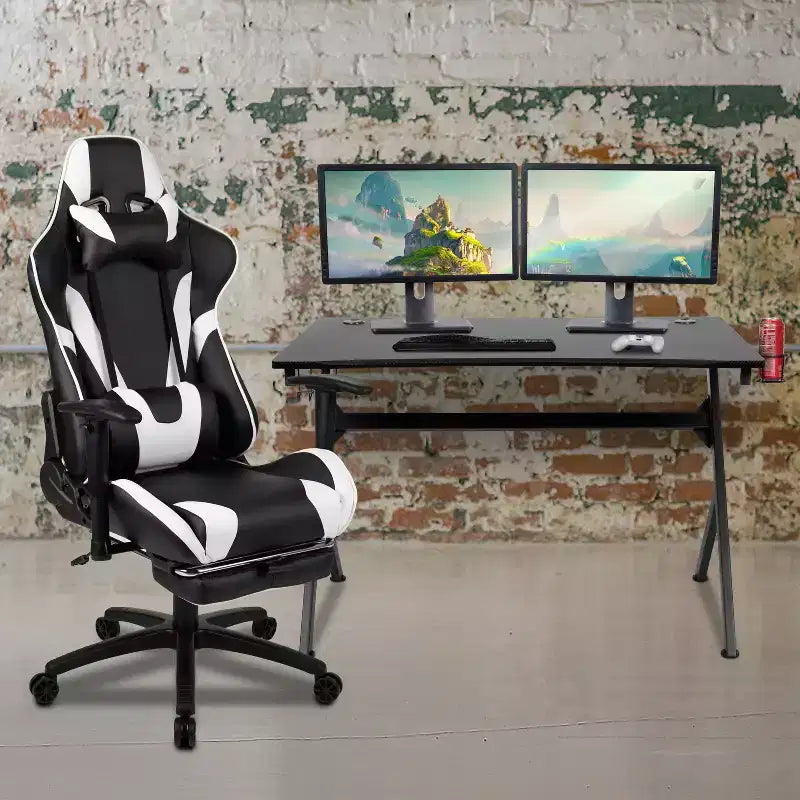 Emma and Oliver Gaming Desk Set - Cup/Headset Holder/Reclining & Footrest