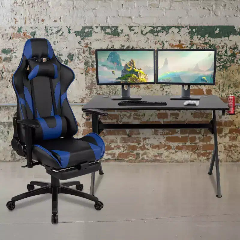 Emma and Oliver Gaming Desk Set - Cup/Headset Holder/Reclining & Footrest