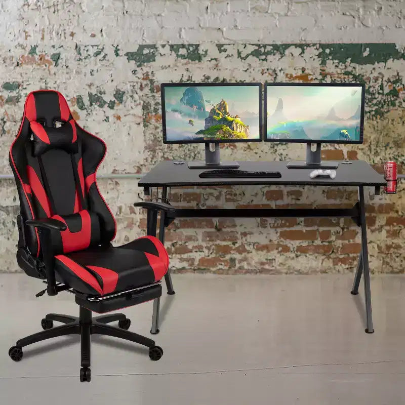 Emma and Oliver Gaming Desk Set - Cup/Headset Holder/Reclining & Footrest