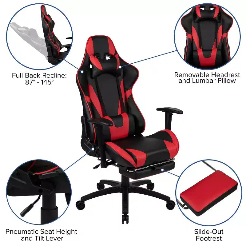 Emma and Oliver Gaming Desk Set - Cup/Headset Holder/Reclining & Footrest