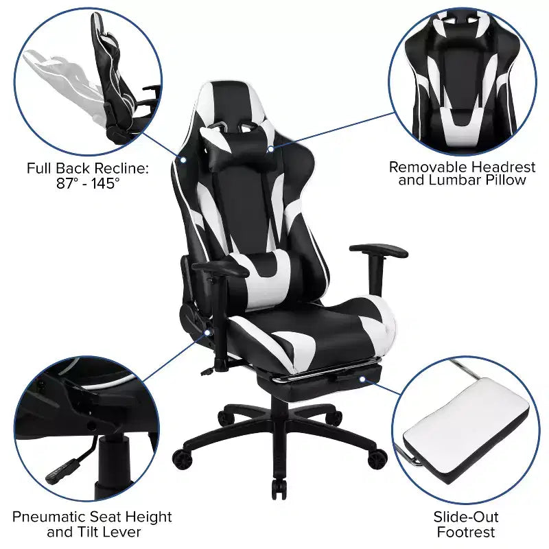 Emma and Oliver Gaming Desk Set - Cup/Headset Holder/Reclining & Footrest