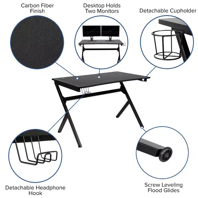 Emma and Oliver Gaming Desk Set - Cup/Headset Holder/Reclining & Footrest