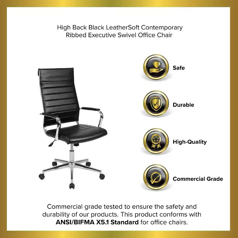 Emma and Oliver High Back LeatherSoft Ribbed Executive Swivel Office Chair - Desk Chair