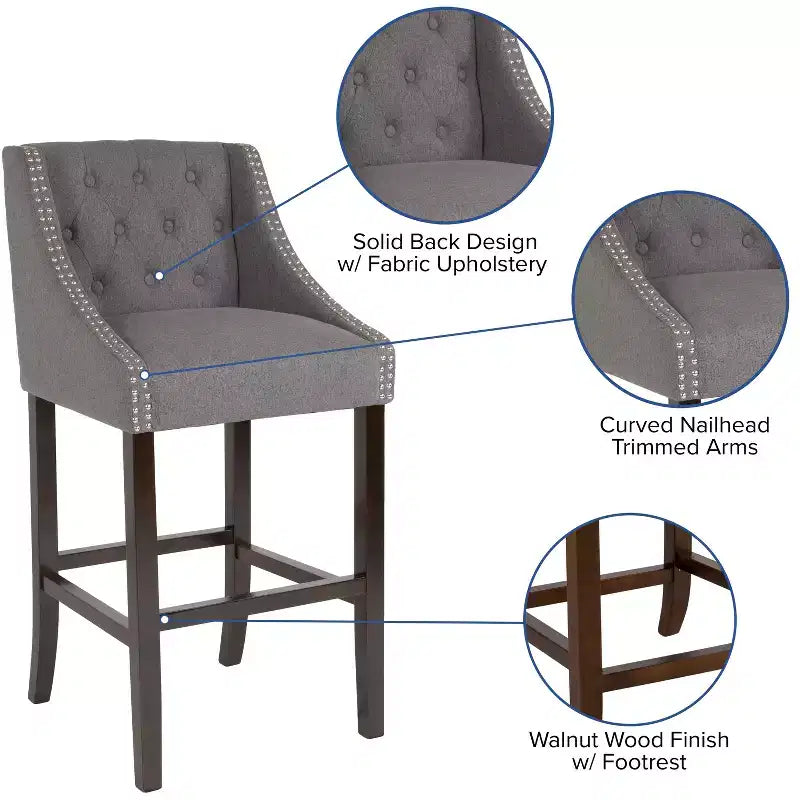 Emma and Oliver 30H Transitional Tufted Upholstered Walnut Barstool-Accent Nails