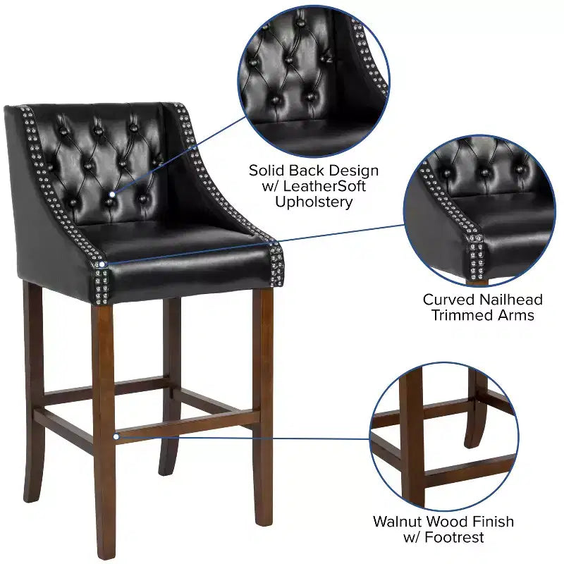 Emma and Oliver 30H Transitional Tufted Upholstered Walnut Barstool-Accent Nails